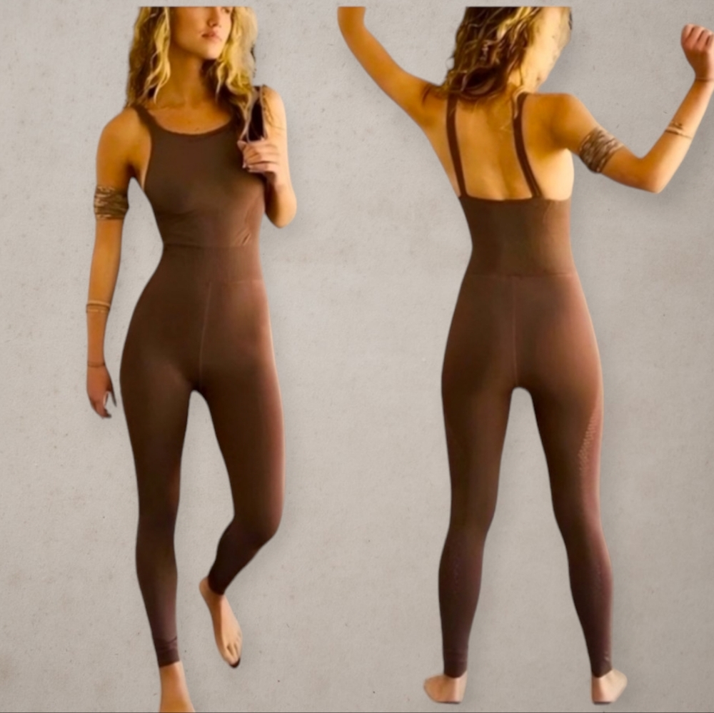 NWOT Free People Movement Good Karma High-Neck Onesie in Wild Mustang Brown